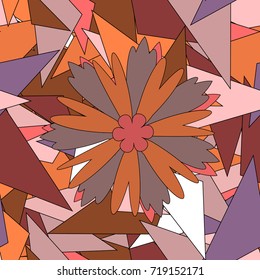 Red, neutral and orange stained glass vitrage. Floral textile print. Seamless pattern morrocan ornament. Islamic vector oriental background with abstract flowers.