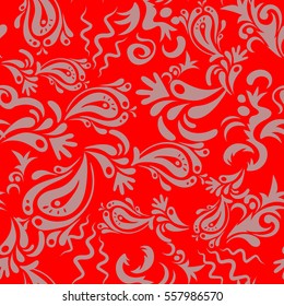 Red and neutral seamless background flower ornament pattern. Abstract arabesque background for greeting card, presentation or wedding invitations. Traditional vector gothic damask background.