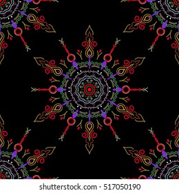 Red, neutral and violet ornament on a black background. Seamless background. Wallpaper baroque, damask. Floral seamless pattern.