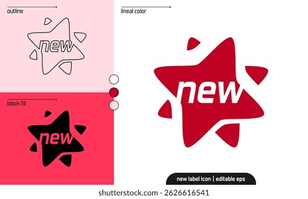 Red new label icon in modern flat vector style. Bold design perfect for promotions, product highlights, marketing, and UI elements. Fully editable EPS graphic.