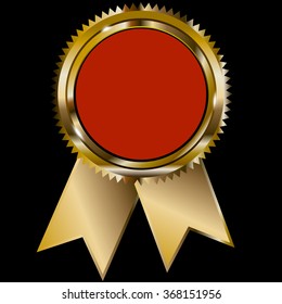 Red new product button with gold border on white background