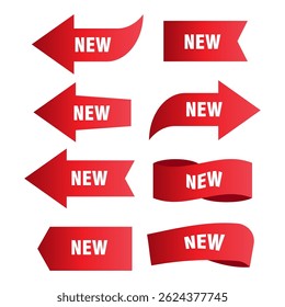 Red New Ribbon and Arrow Label Set - Curved Ribbons, Folded Banners, and Arrow Tags for Advertising, Sale, Discount, and Marketing Design