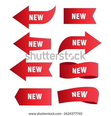 Red New Ribbon and Arrow Label Set - Curved Ribbons, Folded Banners, and Arrow Tags for Advertising, Sale, Discount, and Marketing Design
