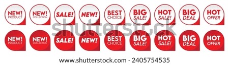 Red new tags set, Discount labels, Big sale badges, Best choice banner, Hot offer banners element collection.