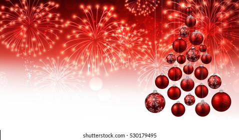 Red New Year Background With Christmas Balls And Fireworks. Vector Illustration.