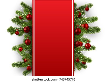 Red New Year background with fir branches and Christmas balls. Vector illustration.