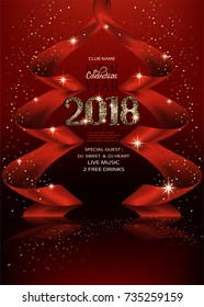 Red new year background with ribbons made in shape of christmas tree and gold letters. Vector illustration