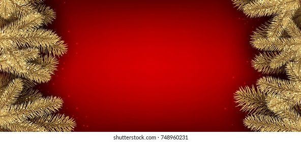 Red New Year background with spruce branches. Vector illustration.