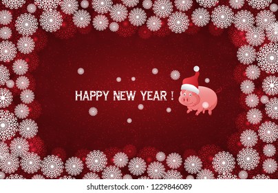 Red New Year background with white snowflakes and inscription Merry Christmas. Snowfall. Little pig - symbol of 2019.