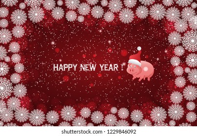 Red New Year background with white snowflakes and inscription Merry Christmas. Snowfall. Little pig - symbol of 2019.