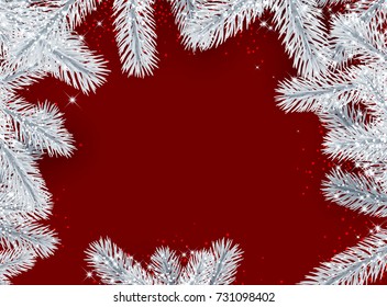 Fondo rojo de Año Nuevo con ramas blancas de abeto. Ilustración vectorial.