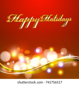 Red New Year card 2018. Celebration background with golden bokeh on the  red background. Celebration card  with  text  Happy Holidays.