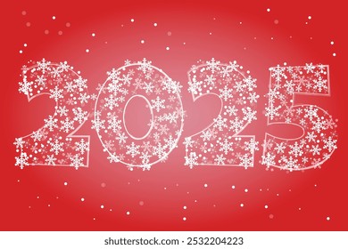 Red New Year card with the inscription 2025, decorated with snowflakes and watercolor paint. Vector illustration for postcards, posters and banners.