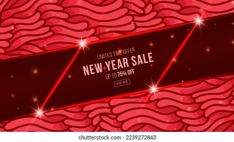 Red new year doodle sale promotion poster banner with product display and festive decoration red background