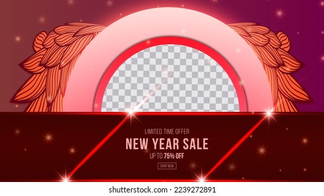 Red new year doodle sale promotion poster banner with product display and festive decoration red background