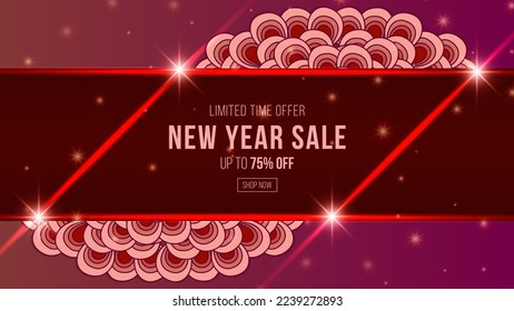 Red new year doodle sale promotion poster banner with product display and festive decoration red background