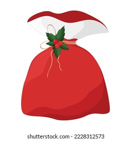 Red New year gift bag. Present with holly flower and green leaves. Holidays. Winter illustration. Vector element on a white backdrop. Print. Card.