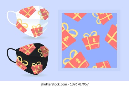 Red New Year gift on face mask mockup with modern abstract seamless pattern. Christmas present. Flat vector shapes. Texture with trendy cartoon color icons. Decorative design with graphic elements