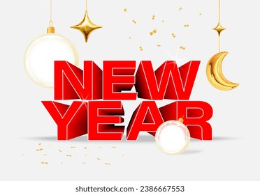 Red New Year with gold christmas toys on a grey background. Happy New Year vector banner.