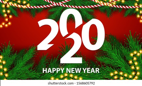 Red New Year postcard with beautiful number 2020 and frame of Christmas tree branches
