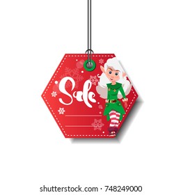 Red New Year Sale Tag With Elf Girl Isolated On White Background Flat Vector Illustration