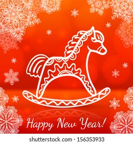 Red new year vector card with white paper horse