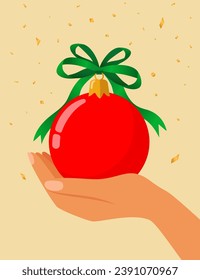 Red New Year's ball in hand. Happy New Year greeting card. Vector illustration.