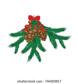 Red New Year`s bow with streamer - branches of Christmas tree, fir cones, - isolated on white - vector art illustration