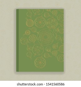 Red New Year's cover for a notebook on a golden background with a pattern of Christmas balls. Vector image, cover, album, postcard.