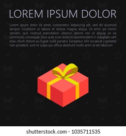 A red New Year's gift box with a yellow ribbon on a black background. Greeting card for holidays. Vector illustration.