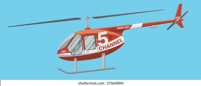 Red news helicopter in the air vector illustration. Side view of a civil brandless heli.