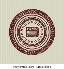 Red newspaper icon inside distress rubber stamp with grunge texture