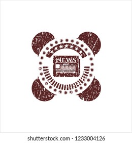 Red newspaper icon inside distressed rubber grunge seal