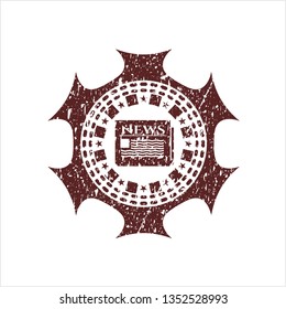 Red newspaper icon inside distressed rubber stamp