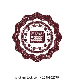 Red newspaper icon inside distressed rubber grunge stamp