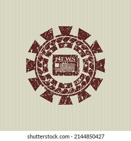 Icono de periódico rojo dentro del precinto de textura de hule de hule angustiado. 