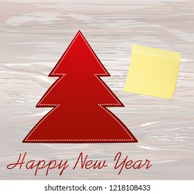 Red new-year tree of paper. Christmas greeting card. Yellow sheet of paper for notes. Sticker. Vector on wooden background. Empty space for text or advertising.