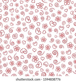 Red nice doodles on white background. Flowers, hearts, spots, spirals. Seamless pattern for Valentine day. Suitable for wrapping paper, textile.
