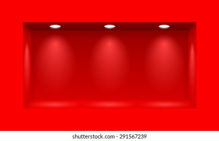 Red niche for presentations  with three light lamps