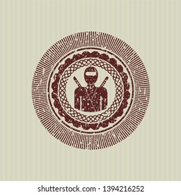 Red ninja icon inside distress grunge style stamp
