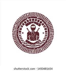 Red ninja icon inside distressed grunge stamp