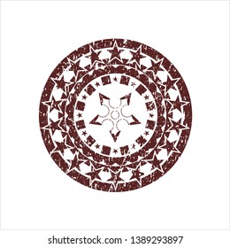 Red ninja star icon inside distress rubber seal with grunge texture