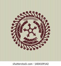 Red ninja star icon inside distress rubber seal