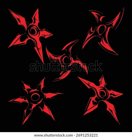 Red Ninja Star Shuriken Set Martial Arts Throwing Star Japanese Weapon Silhouette Graphic Design Traditional Oriental
