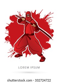 Red Ninja and sword on splash grunge background graphic vector.