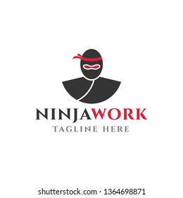 Red Ninja Work Logo Design. Mascot for Sport isolated on white background. Vector Illustration