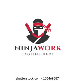 Red Ninja Work Logo Design. Mascot for Sport isolated on white background. Vector Illustration