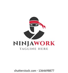 Red Ninja Work Logo Design. Mascot for Sport isolated on white background. Vector Illustration