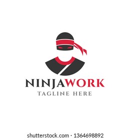 Red Ninja Work Logo Design. Mascot for Sport isolated on white background. Vector Illustration