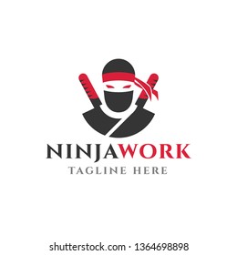 Red Ninja Work Logo Design. Mascot for Sport isolated on white background. Vector Illustration